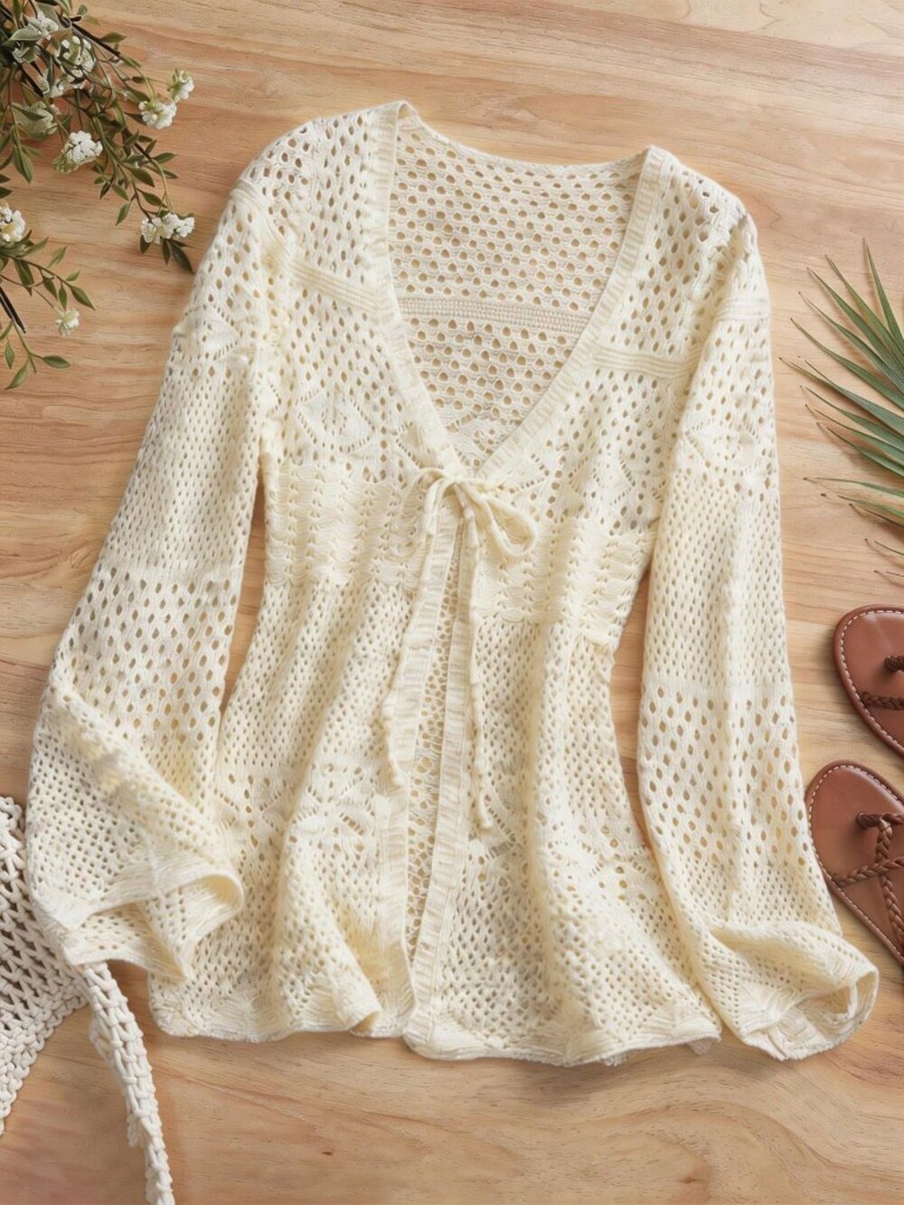 Apricot Casual Women's Vacation Hollow-Out Knit Cardigan top